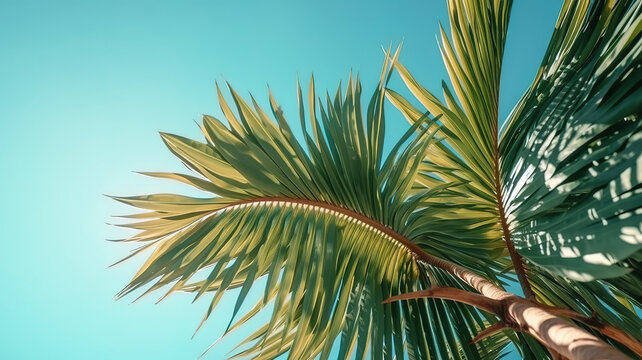 Tropical palm tree with green palm branches against a clear blue sky. Generative Ai