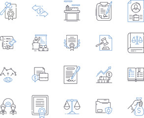 Law department outline icons collection. Law, Department, Judiciary, Regulation, Legislation, Litigation, Criminal vector and illustration concept set. Contract, Enforcement, Constitutional linear