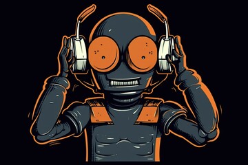 cartoon flat business style Robot graphic design illustration of artificial intelligence protecting its ears with its fingers when there is loud music or sound. Generative AI