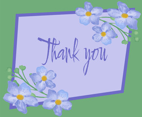 Watercolor Blue Flowers Bouquet with Greenery Framed Thank you card Vector