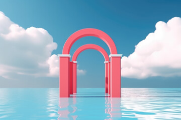 3d render, surreal seascape with red arches and white clouds in the blue sky. Modern minimal abstract background with simple geometric shapes and water