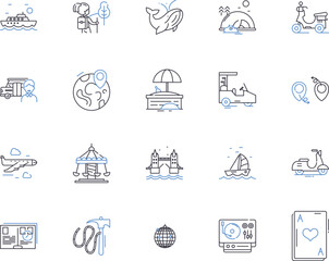 Travel and leisure outline icons collection. Vacation, Tour, Adventure, Sightseeing, Explore, Holiday, Recreation vector and illustration concept set. Exploring, Cruise, Bike linear signs