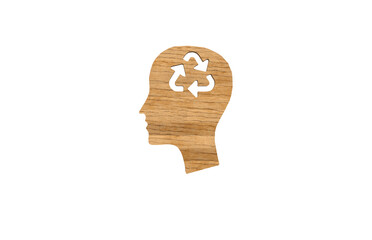 Wooden Head with Recycle Arrow Sign on white background
