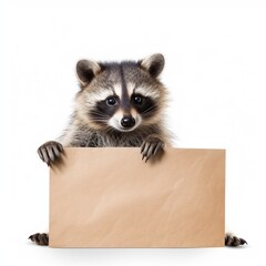 Cute cheerful raccoon cub with empty clean cardboard sign isolated on white background. AI generative image.