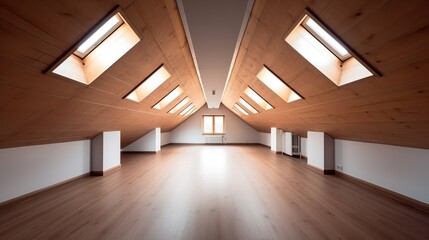 Illustration of spacious well lit attic room. Bright empty clean wooden interior with copy space. Indoor background. AI generative image.