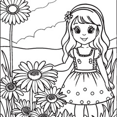 Fototapeta na wymiar Coloring page girl and daisies on white background