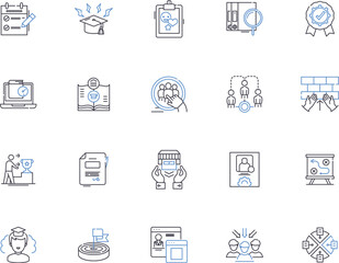 Education outline icons collection. learning, knowledge, enlightenment, instructing, teaching, curricula, textbooks vector and illustration concept set. textbooks,studying, examination linear signs