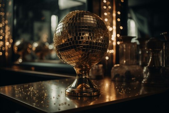 Mirror Disco Ball With Gold Trophy Cup Award 3D Rende. Generative AI