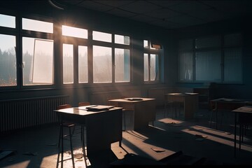 The school's classroom is empty of students and teachers. Generative AI