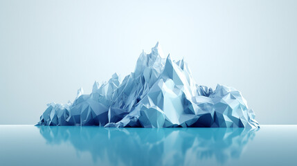 An abstract iceberg floating on a calm sea, most partly undersea, Front view with a cloudless sky in the background.