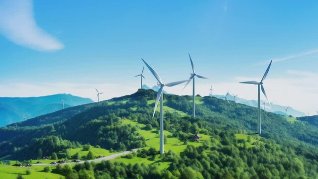 Wind power plants in the mountains. Aerial view of powerful wind turbines, generating clean renewable green energy. Slow motion video in 25 FPS, ProRes codec.