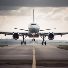 Naklejka premium Front view of an airplane taking off from the airport