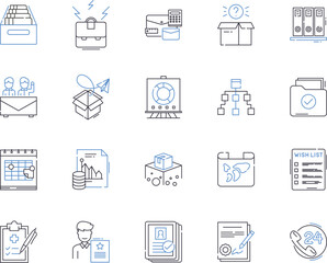 Business files and folders outline icons collection. file, folder, document, report, spreadsheet, presentation, proposal vector and illustration concept set. invoice, receipt, contract linear signs