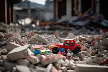 a toy truck in the middle of a pile of rubble, with buildings and debris scattered around it on the ground. Generative AI