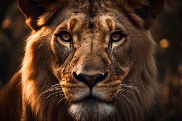 powerful lion with alert yellow eyes created with Generative AI technology