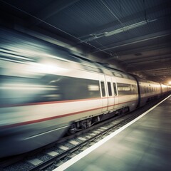 Naklejka premium modern commuter train at high speed, motion blur. generative ai