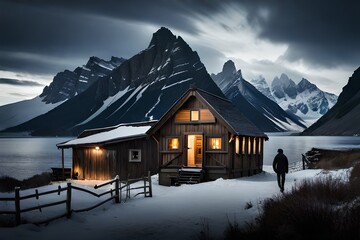 Hütte in den Bergen mit Schnee