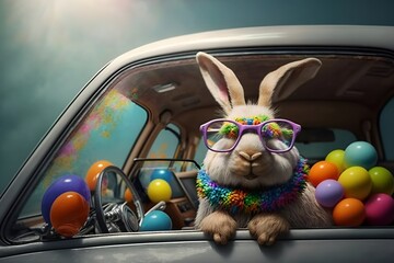 Fototapeta na wymiar Cute Easter Bunny with sunglasses looking out of a car filed with easter eggs
