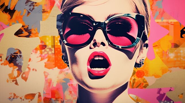 Contemporary stylish illustration with retro pop art woman wearing sunglasses. Placard with pretty lady. AI generative image.