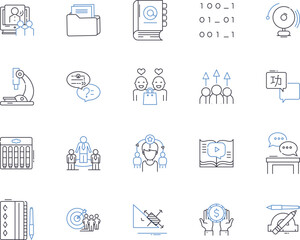 Training students outline icons collection. Train, Students, Instruct, Educate, Tutor, Coach, Discipline vector and illustration concept set. Develop, Skills, Teach linear signs