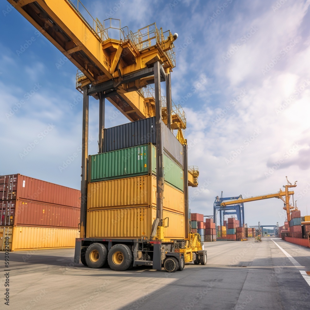 Poster cargo freight containers, container stacker crane lifting up stacking container box in yard, contain