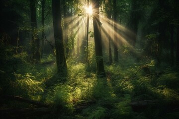 Obraz premium Sunrays over a green forest in summer. Generative AI