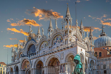 Front view of the medieval Patriarchal Cathedral Basilica of Saint Mark, Venice, Italy - 593022870