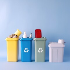 Containers containing various forms of waste on a light blue background. The concept of recycling. generative ai