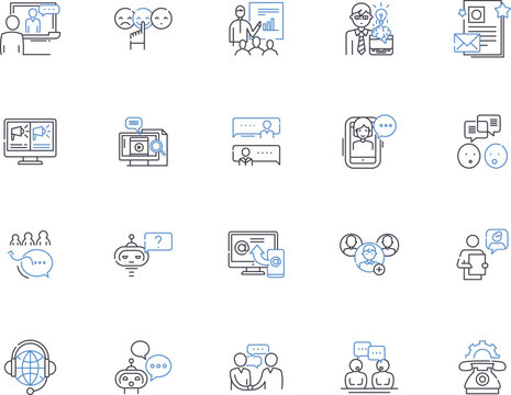 Speech outline icons collection. Speaking, Oratory, Reciting, Rhetoric, Elocution, Pronunciation, Vocalizing vector and illustration concept set. Intonation, Invective, Utterance linear signs