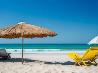 Obraz na płótnie Canvas Beautiful beach, white sand, chairs, and umbrella. Generative AI. 