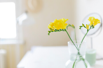 Yellow freesia flowers in a glass vase on the white table. Selective focus. Close up