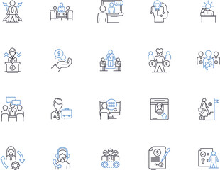 Fototapeta na wymiar Coaching and mentorship outline icons collection. Mentoring, Coaching, Guidance, Support, Development, Training, Advising vector and illustration concept set. Counseling, Direction, Facilitation