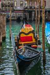 Gondola decorated traditionally, waiting for customers, Venice, Italy