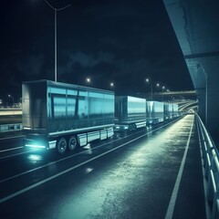 Fototapeta premium Futuristic Technology Concept: A truck with a cargo trailer drives on the road at night with sensors scanning the surroundings. The Effects of Self-Driving Trucks on the Freeway. generative ai