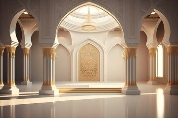 Luxury Mosque Interior with Gold and White Theme. Created with Generative AI Technology