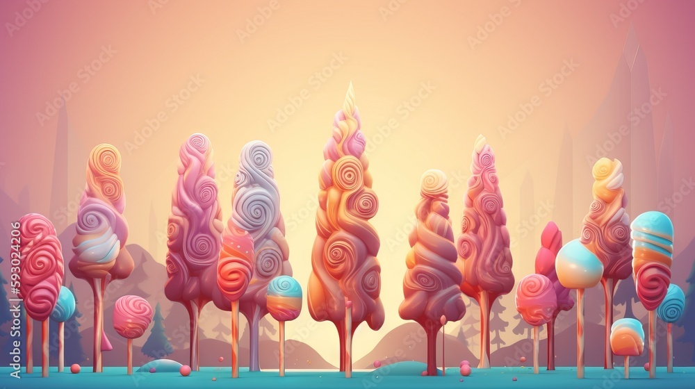 Poster a row of colorful lollipops in the middle of a desert. generative ai