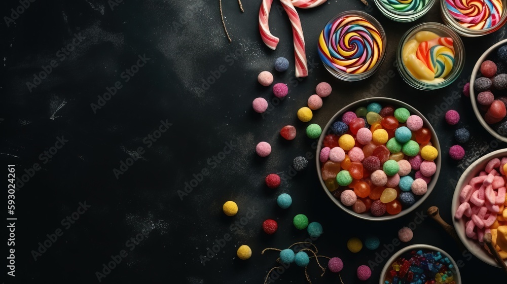 Poster a table topped with bowls filled with different types of candies. generative ai