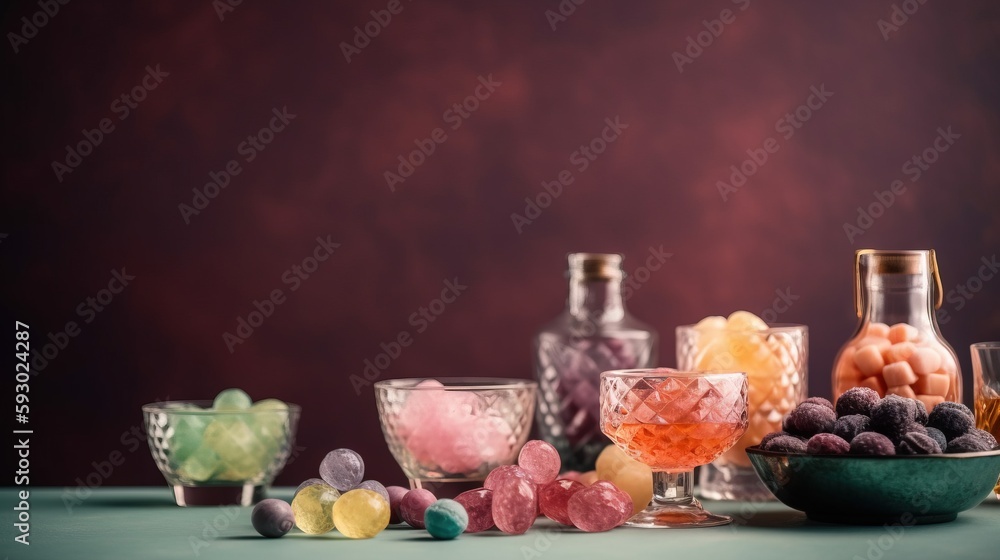 Poster a table topped with glasses filled with different types of candies. generative ai