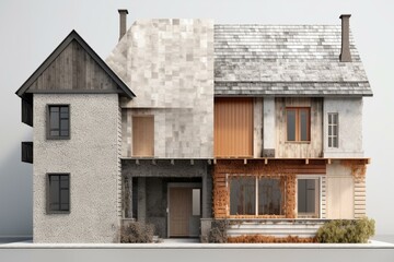 Sliced house with different facade materials on a white background. 3d illustration. Generative AI