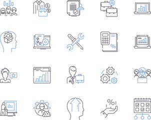 Data Analytics outline icons collection. Data, Analytics, Science, Insight, Processing, Modeling, Visualization vector and illustration concept set. Exploration, Mining, Statistical linear signs