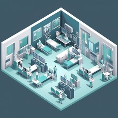 Medicine, healthcare, and technology concept of a virtual medical clinic with rooms, patients, and doctors. generative ai
