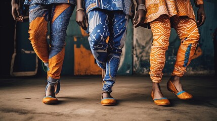 Fototapeta na wymiar Feet of three people walking toward the camera wearing ethnic pants with decorative patterns