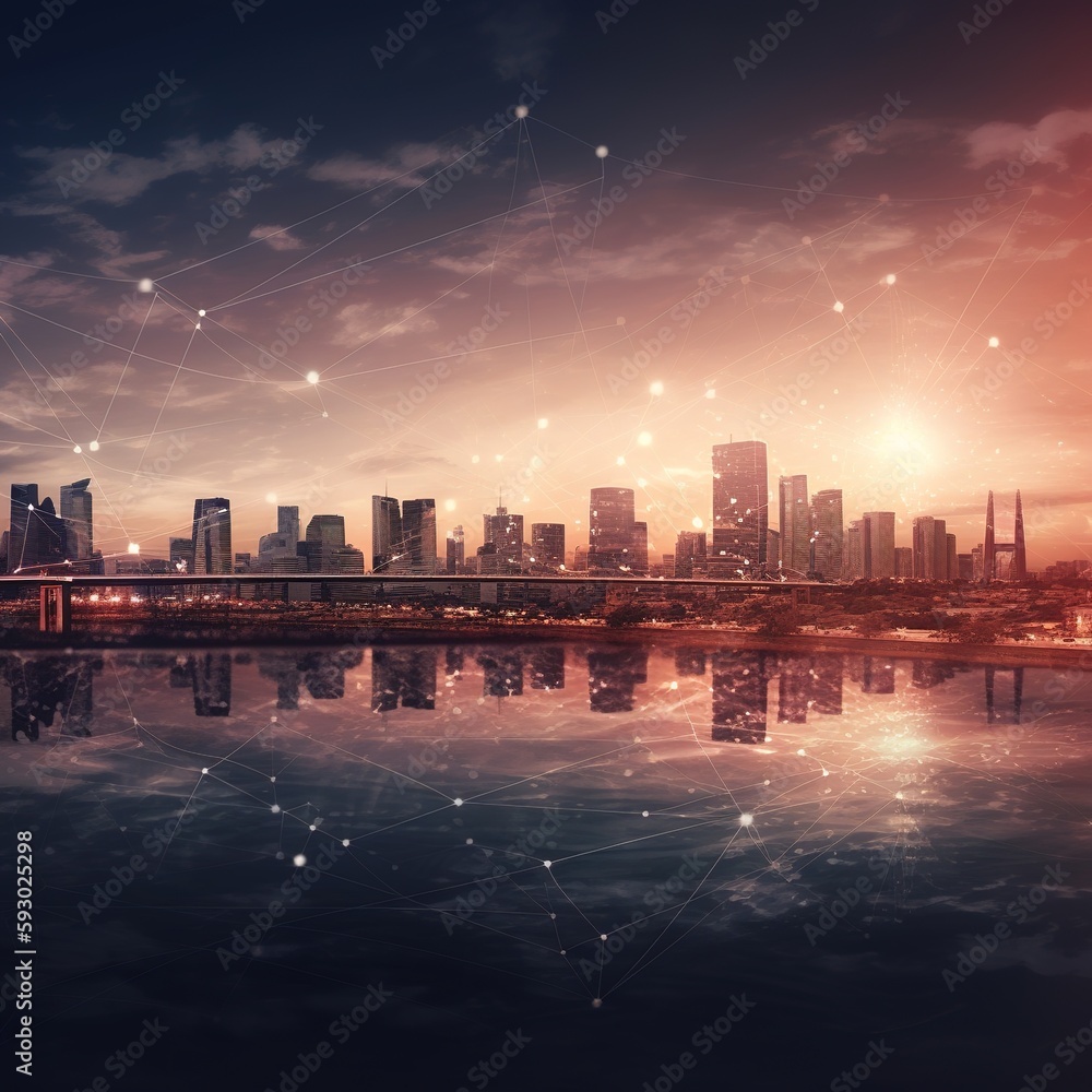 Poster contemporary city with a wireless network connection and a cityscape concept.concept of wireless net