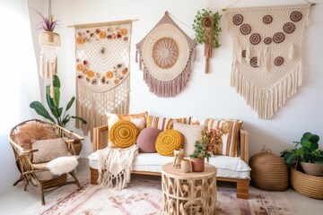 chic Coachella festival boho home decor set, featuring woven wall hangings, macrame plant hangers, colorful tapestries, and bohemian throw pillows, adding a touch of festival vibes - Generative AI