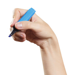Hand holding a blue marker, cut out
