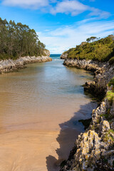 Fototapeta premium Inland beach of sea water that goes into the forest forming a haven of calm water, Asturias, Spain.