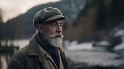 Old nordish man in Winter with White beard and hat, looking over a lake.