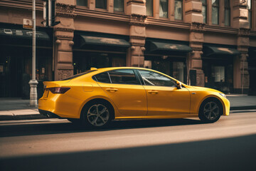 Obraz na płótnie Canvas Side view of a yellow sedan car on a city street background, ideal for taxi services, mock-up designs, or template purposes. Generative AI