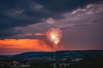 Beautiful, multicolored holiday fireworks in the evening sky with imposing clouds are captured in a long exposure. Generative AI