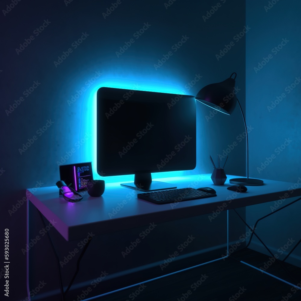 Poster neon computer on the table. generation ai